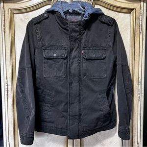 LEVI’S Brown Green Removable Gray Hood Denim Washed Zip Snap Front Coat NEW NWT